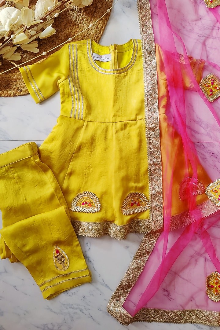 Yellow Summer Silk Embroidered Anarkali Set For Girls by YMKids at Pernia's Pop Up Shop