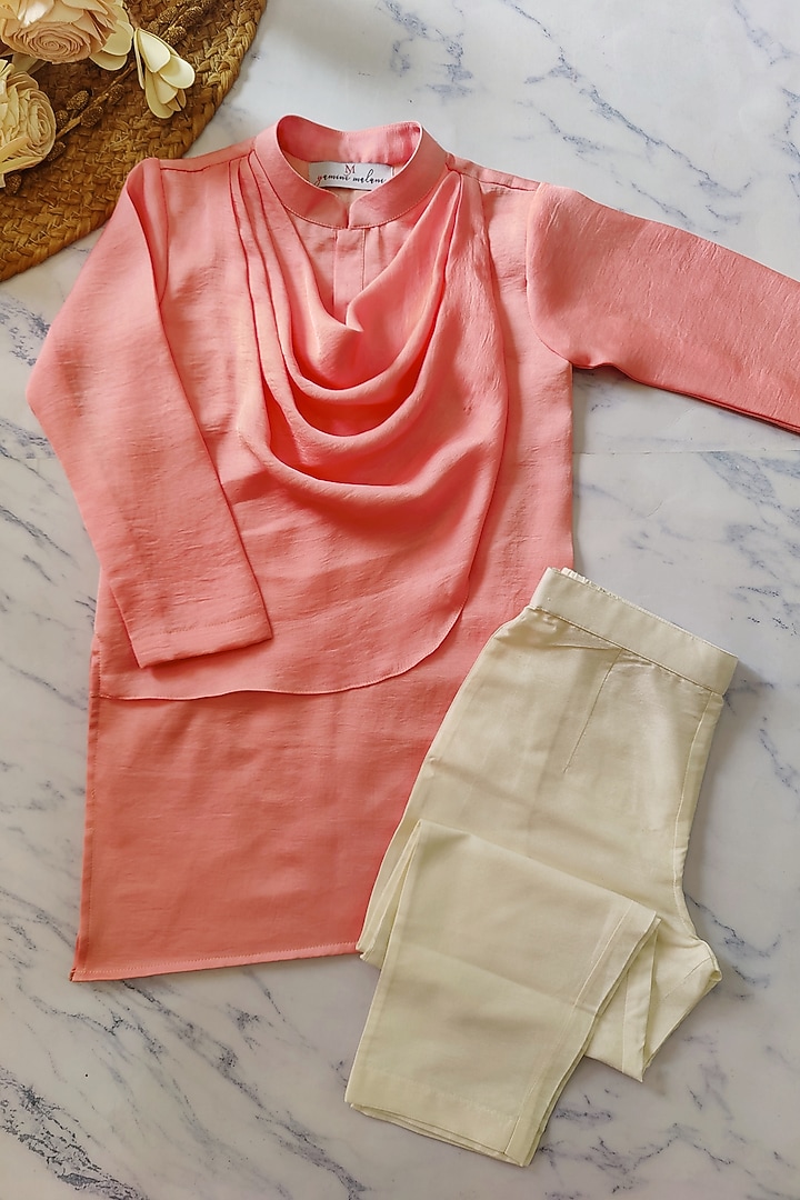Peach Summer Silk & Cotton Silk Kurta Set For Boys by YMKids