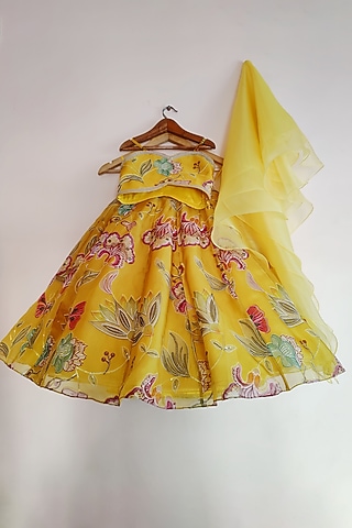 Yellow Organza Lehenga Set For Girls by YMKids