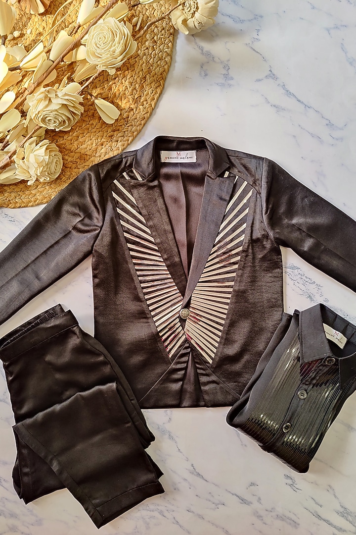 Black Imported Satin & Satin Silk Embroidered Coat Set For Boys by YMKids