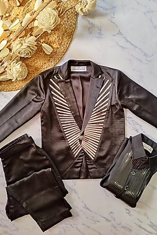 Black Imported Satin & Satin Silk Embroidered Coat Set For Boys by YMKids