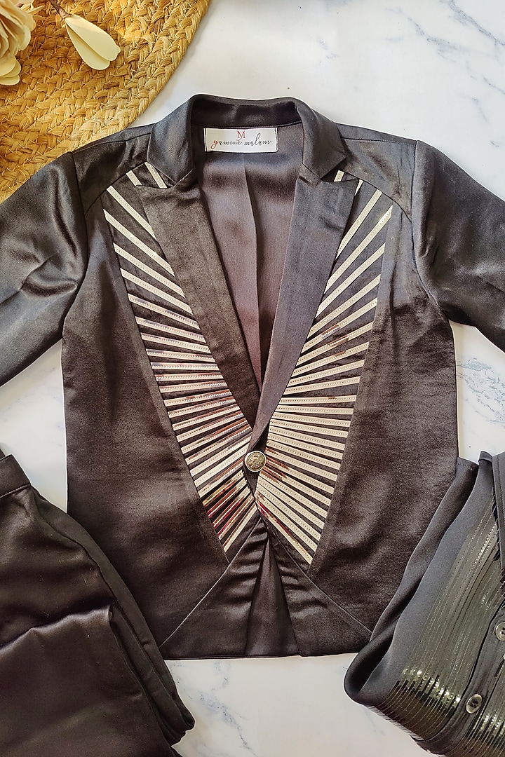 Black Imported Satin & Satin Silk Embroidered Coat Set For Boys by YMKids at Pernia's Pop Up Shop