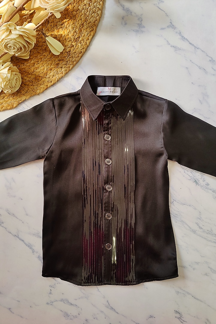 Black Imported Satin & Satin Silk Embroidered Coat Set For Boys by YMKids at Pernia's Pop Up Shop