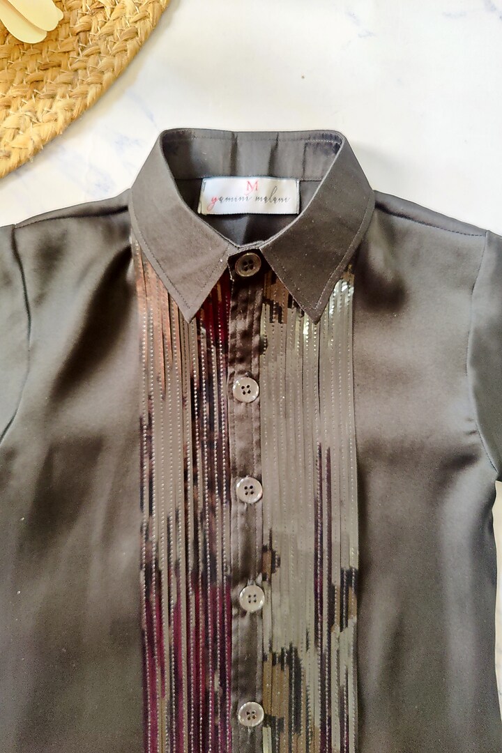 Black Imported Satin & Satin Silk Embroidered Coat Set For Boys by YMKids at Pernia's Pop Up Shop
