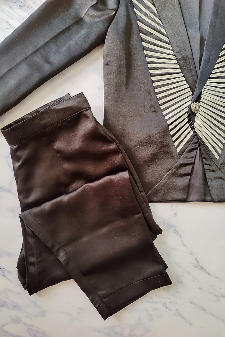 Black Imported Satin & Satin Silk Embroidered Coat Set For Boys by YMKids at Pernia's Pop Up Shop