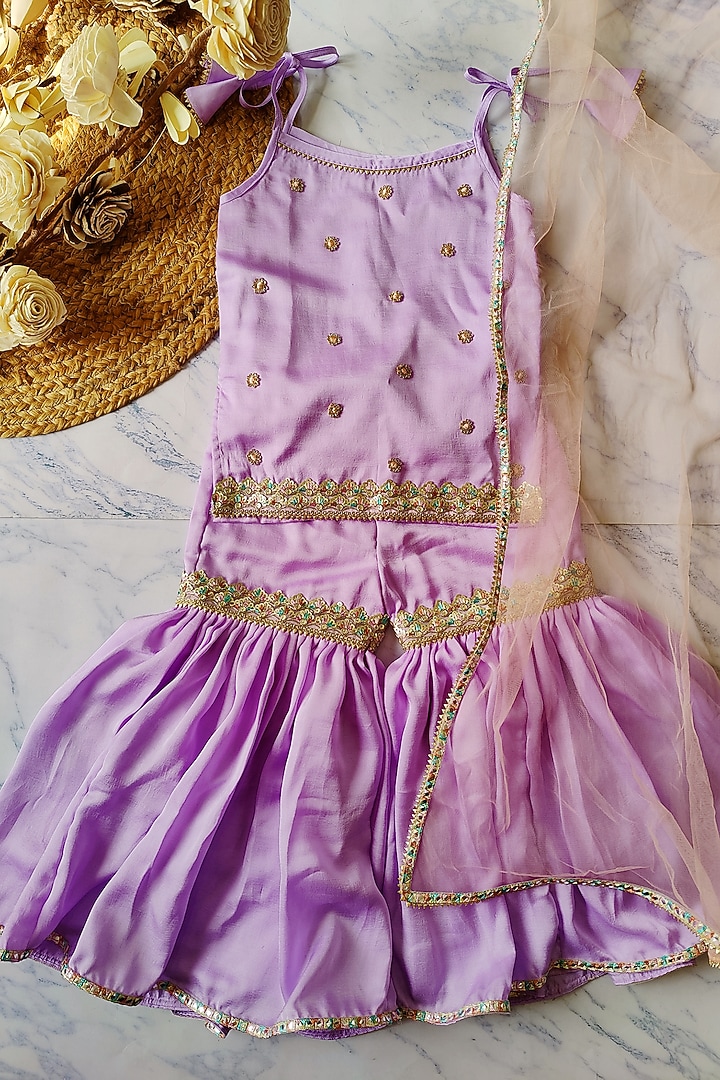 Lavender Summer Silk Sharara Set For Girls by YMKids at Pernia's Pop Up Shop