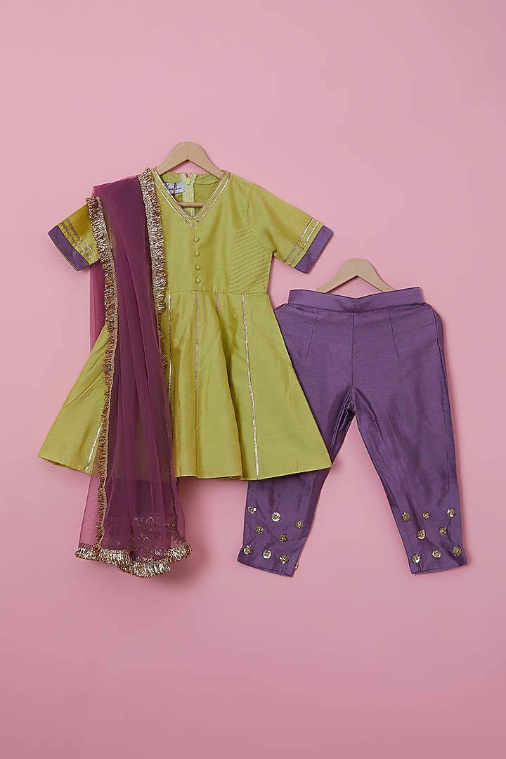 Green Cotton Silk Sequins & Gota Anarkali Set For Girls by YMKids