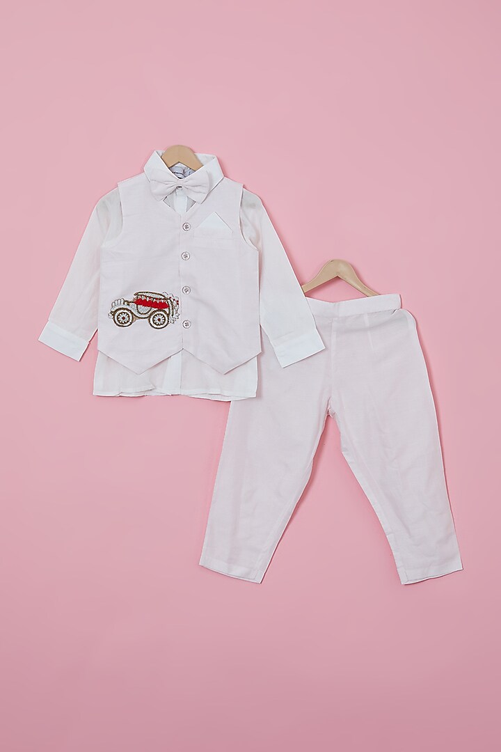 Blush Pink Cotton Silk Hand Embroidered Waistcoat Set For Boys by YMKids