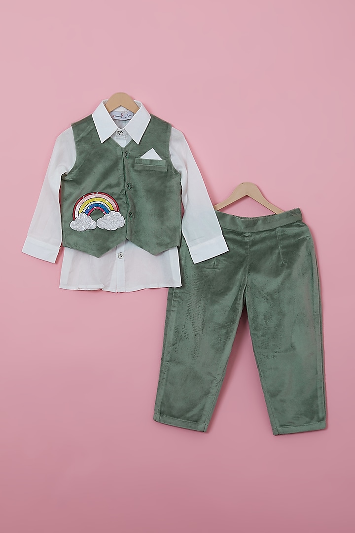 Green Suede Applique Hand Embroidered Waistcoat Set For Boys by YMKids