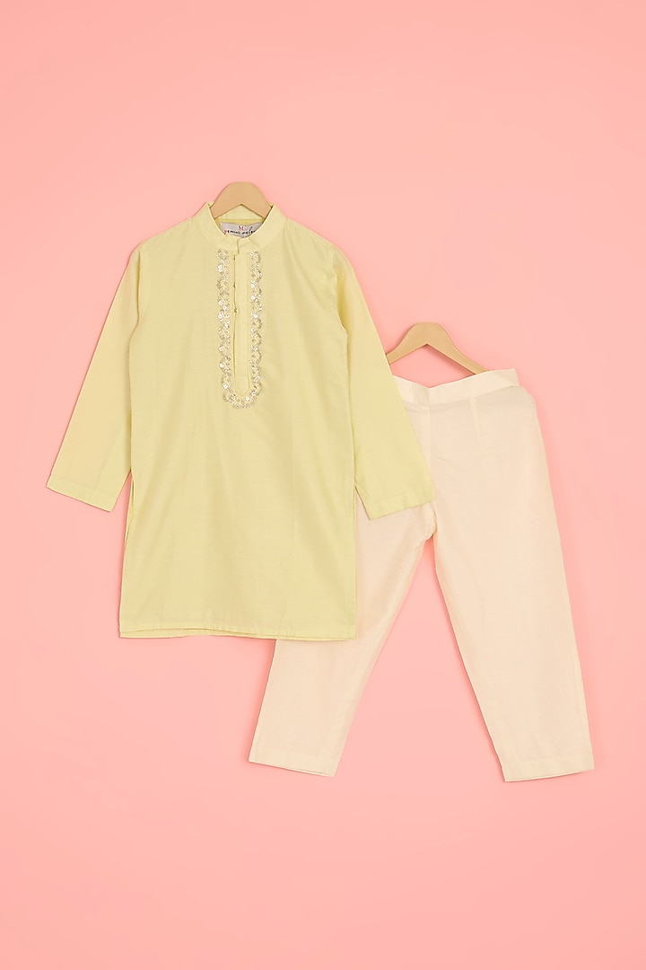 Mint Cotton Silk Sequins Embroidered Kurta Set For Boys by YMKids at Pernia's Pop Up Shop