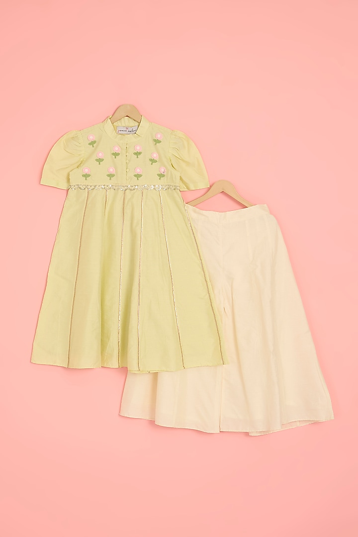 Mint Cotton Silk Floral Thread Embroidered Anarkali Set For Girls by YMKids at Pernia's Pop Up Shop