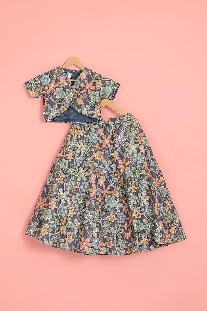 Midnight Blue Silk Floral Embroidered Lehenga Set For Girls by YMKids at Pernia's Pop Up Shop