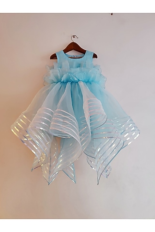 Blue Organza Metallic Striped Asymmetric Dress For Girls by YMKids