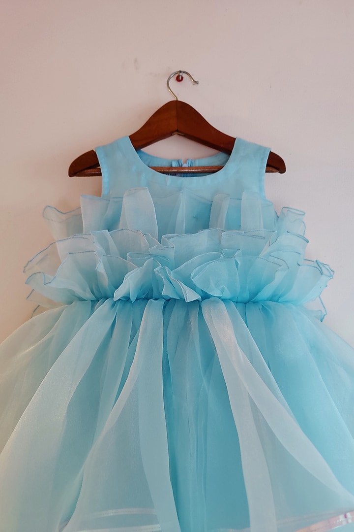 Blue Organza Metallic Striped Asymmetric Dress For Girls by YMKids at Pernia's Pop Up Shop