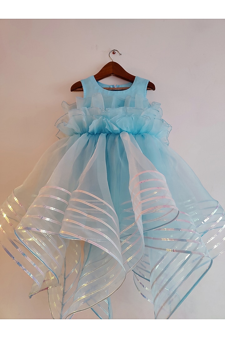 Blue Organza Metallic Striped Asymmetric Dress For Girls by YMKids at Pernia's Pop Up Shop