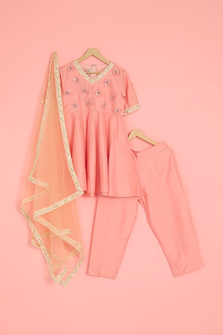 Peach Cotton Silk Embroidered Anarkali Set For Girls by YMKids at Pernia's Pop Up Shop