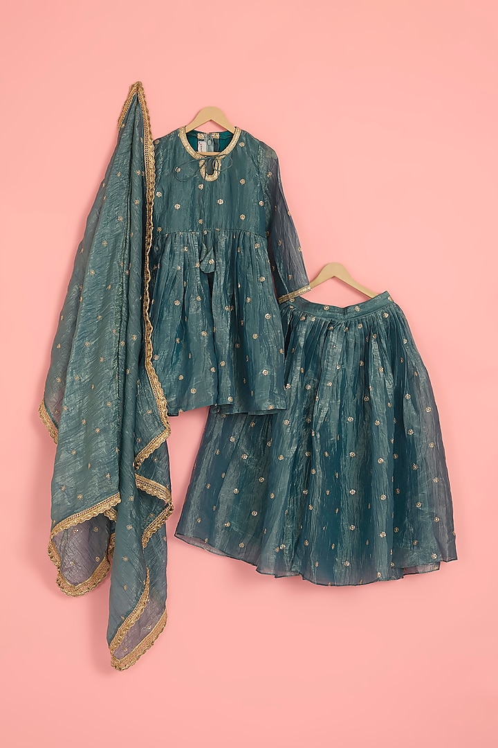 Teal Organza Embroidered Kurta Set For Girls by YMKids at Pernia's Pop Up Shop