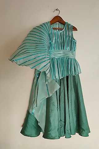 Turquoise Organza & Silk Metallic Striped Flared Gown For Girls by YMKids