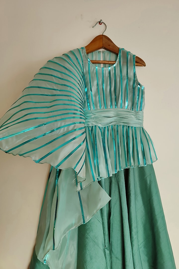 Turquoise Organza & Silk Metallic Striped Flared Gown For Girls by YMKids at Pernia's Pop Up Shop