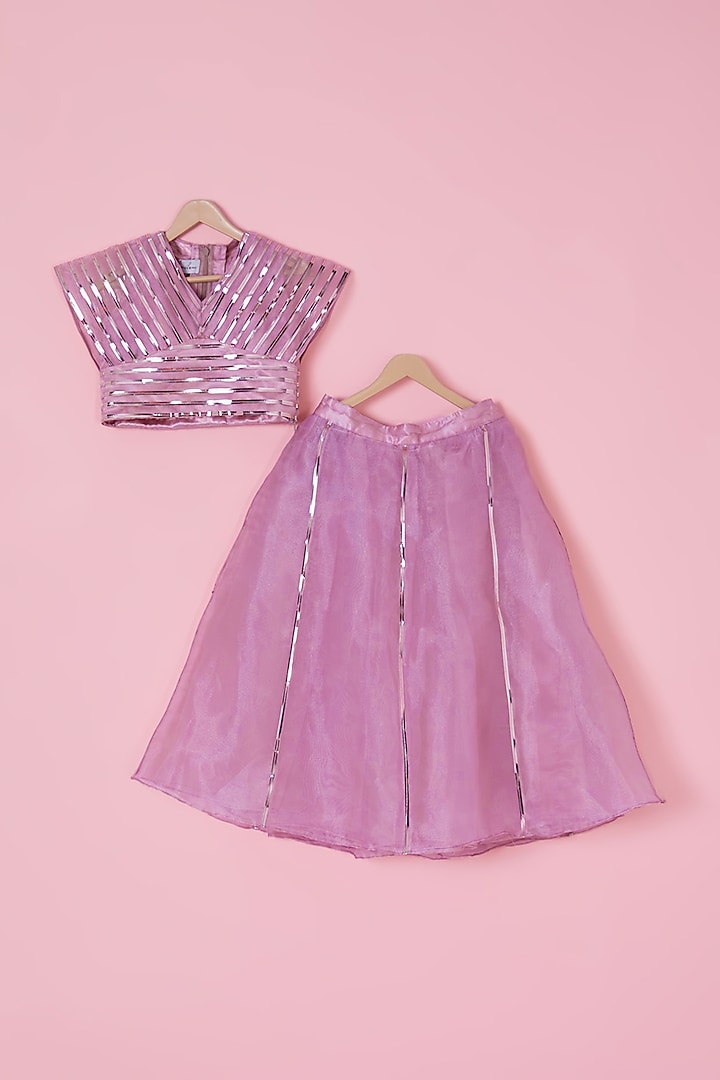 Rose Gold Organza Metallic Striped Lehenga Set For Girls by YMKids at Pernia's Pop Up Shop