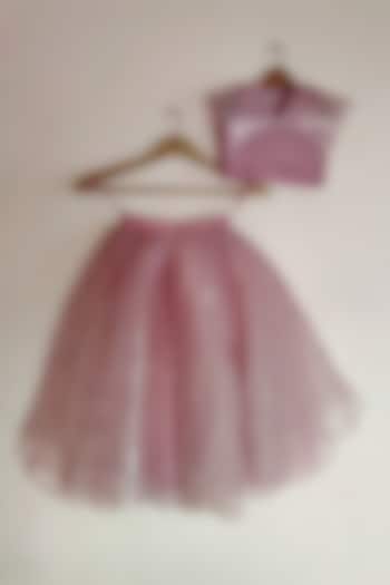 Rose Gold Organza Metallic Striped Lehenga Set For Girls by YMKids at Pernia's Pop Up Shop