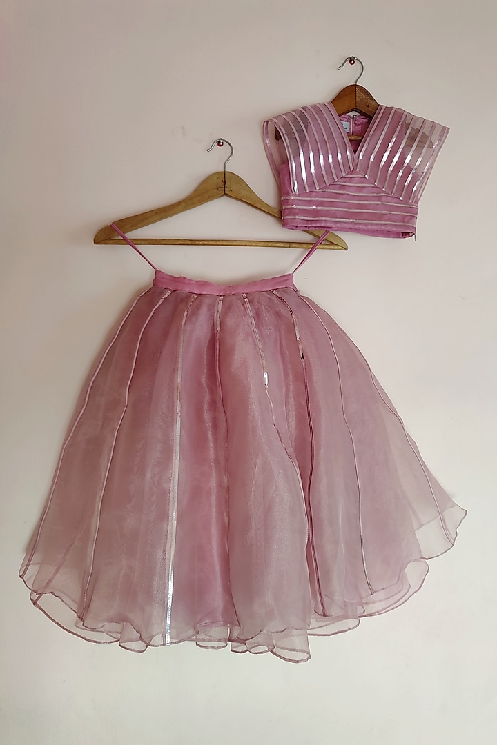 Rose Gold Organza Metallic Striped Lehenga Set For Girls by YMKids at Pernia's Pop Up Shop