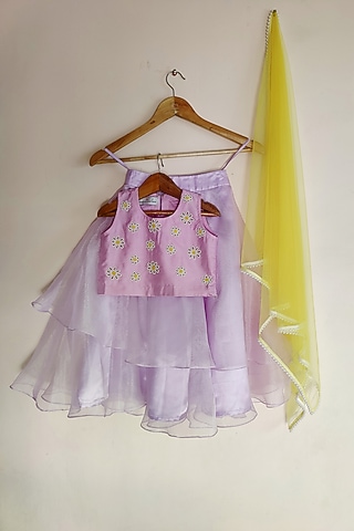 Purple Organza Layered Lehenga Set For Girls by YMKids