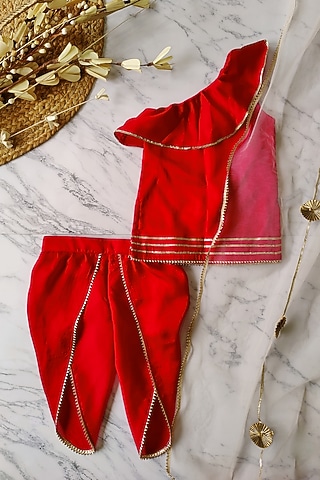 Red Summer Silk Ruffled One-Shoulder Kurta Set For Girls by YMKids