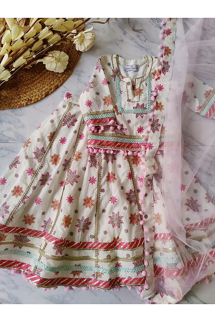 Multi-Colored Cotton Printed & Lace Embellished Lehenga Set For Girls by YMKids at Pernia's Pop Up Shop