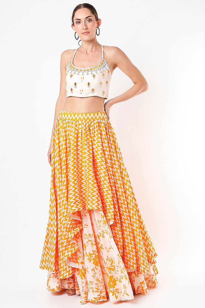 Cheese Orange & Off-White Printed Layered Lehenga Set by Yogita Kadam at Pernia's Pop Up Shop