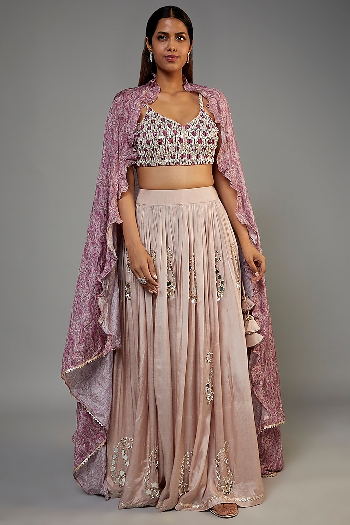 Pink Pure Muslin Embroidered Lehenga Set by Yogita Kadam