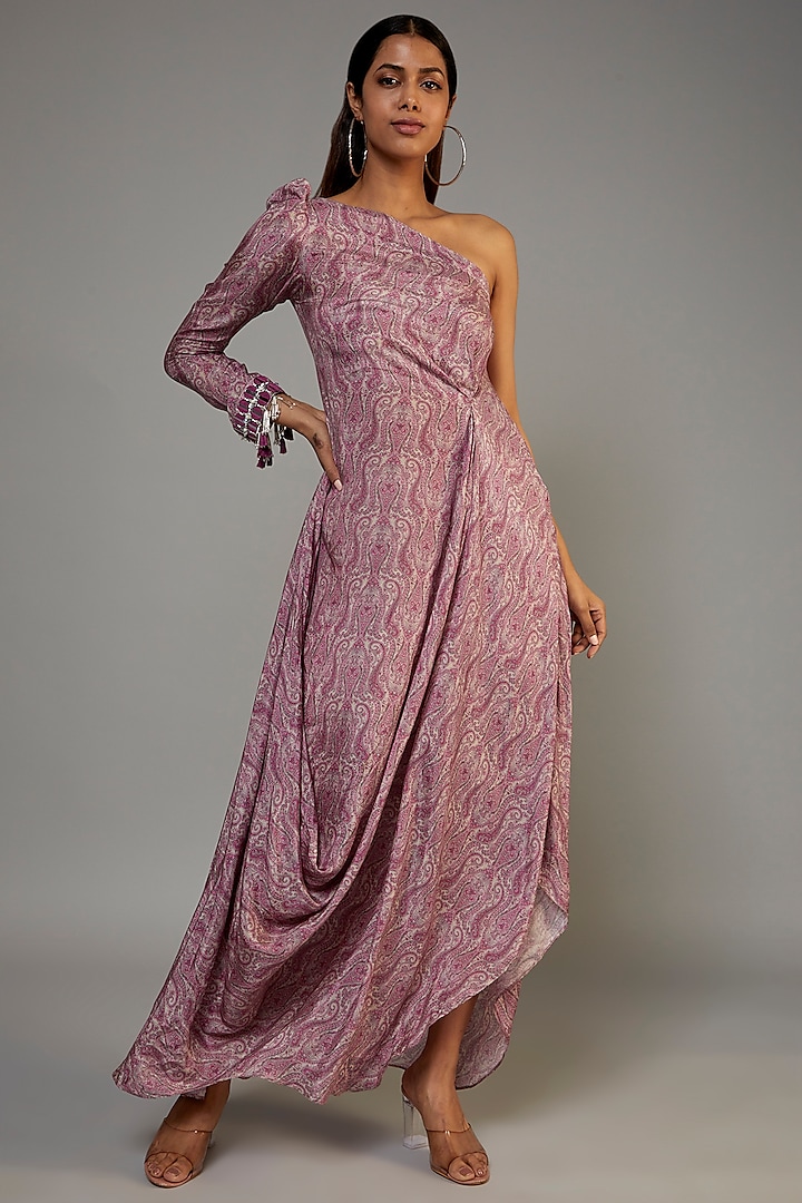 Pink Pure Muslin Printed One-Shoulder Cowl Dress by Yogita Kadam