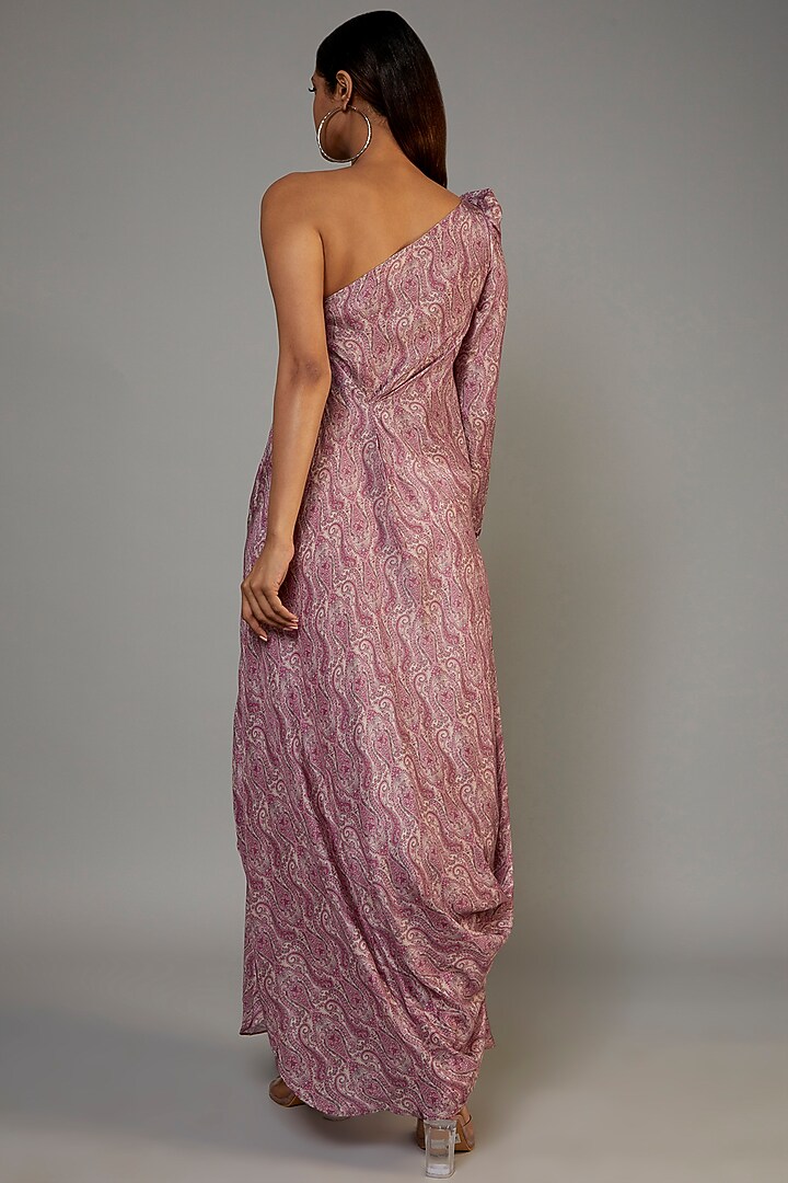 Pink Pure Muslin Printed One-Shoulder Cowl Vacation Dress by Yogita Kadam at Pernia's Pop Up Shop