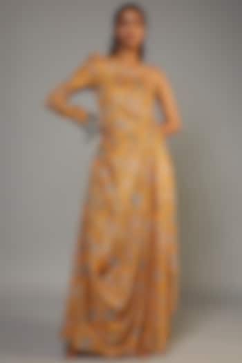 Yellow Pure Muslin Printed One-Shoulder Cowl Dress by Yogita Kadam