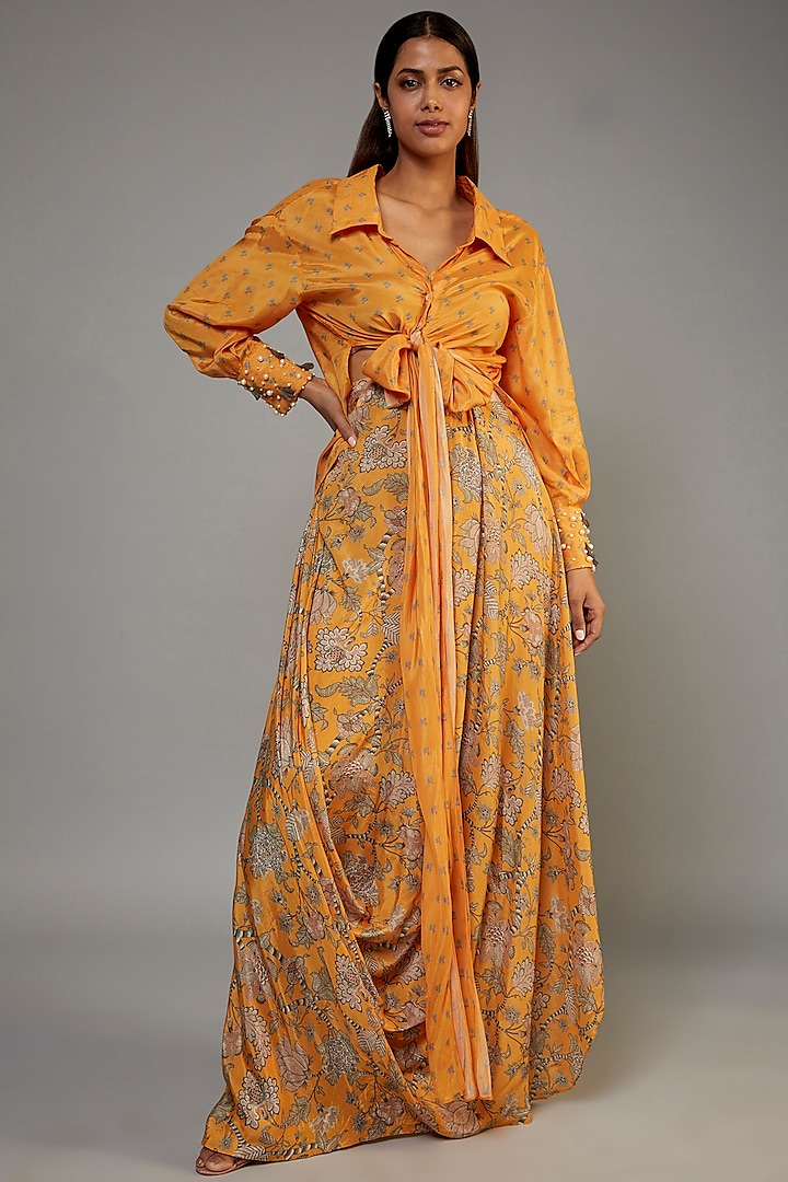 Yellow Pure Muslin Printed Skirt Set by Yogita Kadam