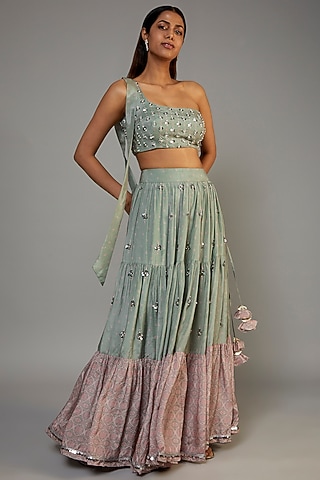 Pastel Green Pure Muslin Embroidered Layered Skirt Set by Yogita Kadam