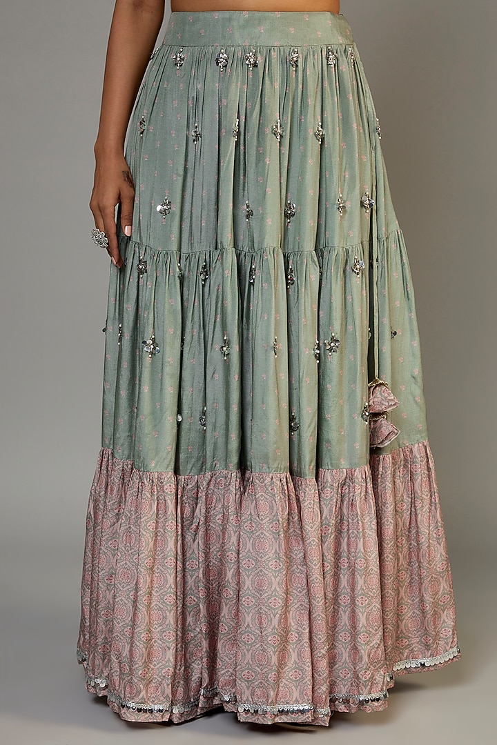 Pastel Green Pure Muslin Embroidered Layered Skirt Set by Yogita Kadam at Pernia's Pop Up Shop