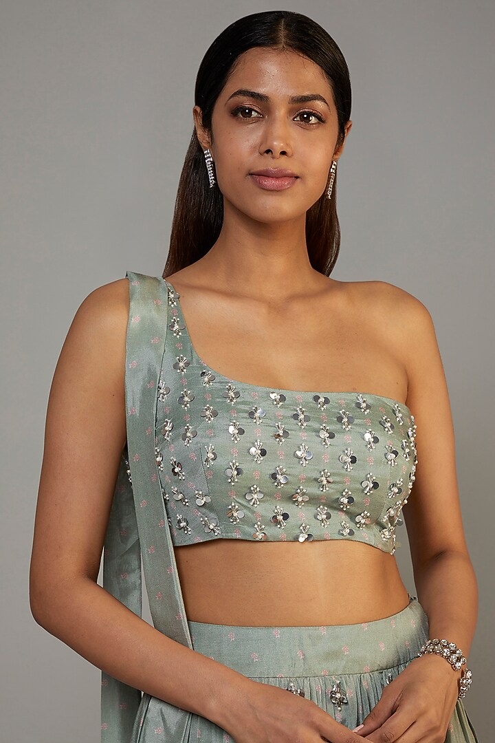 Pastel Green Pure Muslin Embroidered Layered Skirt Set by Yogita Kadam at Pernia's Pop Up Shop