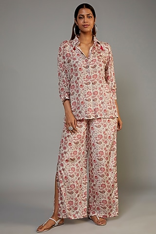 Off-White & Red Pure Muslin Printed Co-Ord Set by Yogita Kadam