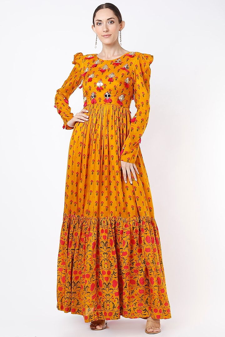 Spectra Yellow Printed & Embroidered Maxi Dress by Yogita Kadam