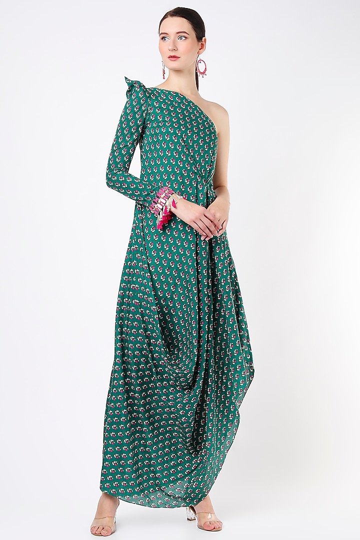 Ink Green Printed One-shoulder Cowl Dress by Yogita Kadam