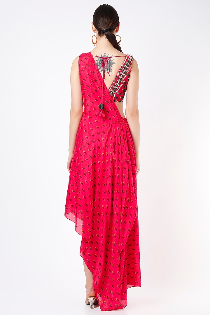 Reddish-Pink Printed Draped Party Wear Saree Set by Yogita Kadam at Pernia's Pop Up Shop