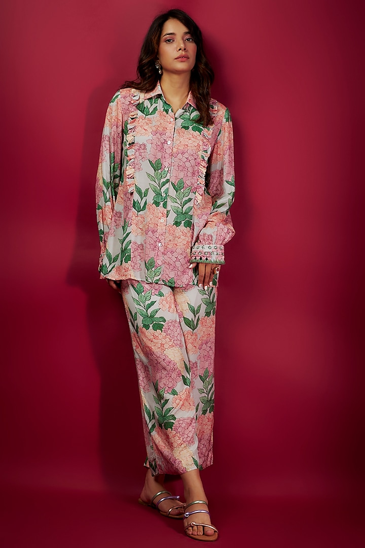 Pink Pure Muslin Printed & Embroidered Co-Ord Set by Yogita Kadam at Pernia's Pop Up Shop