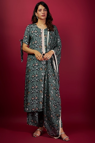 Black Pure Muslin Printed & Embroidered Kurta Set by Yogita Kadam
