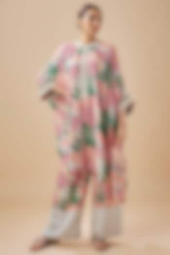 Pink Pure Muslin Floral Printed & Mirror Embroidered Kaftan Set by Yogita Kadam at Pernia's Pop Up Shop