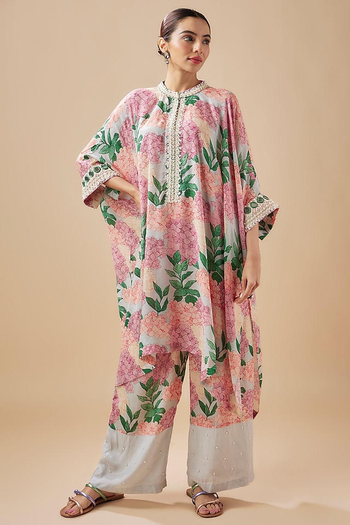 Pink Pure Muslin Floral Printed & Mirror Embroidered Kaftan Set by Yogita Kadam at Pernia's Pop Up Shop