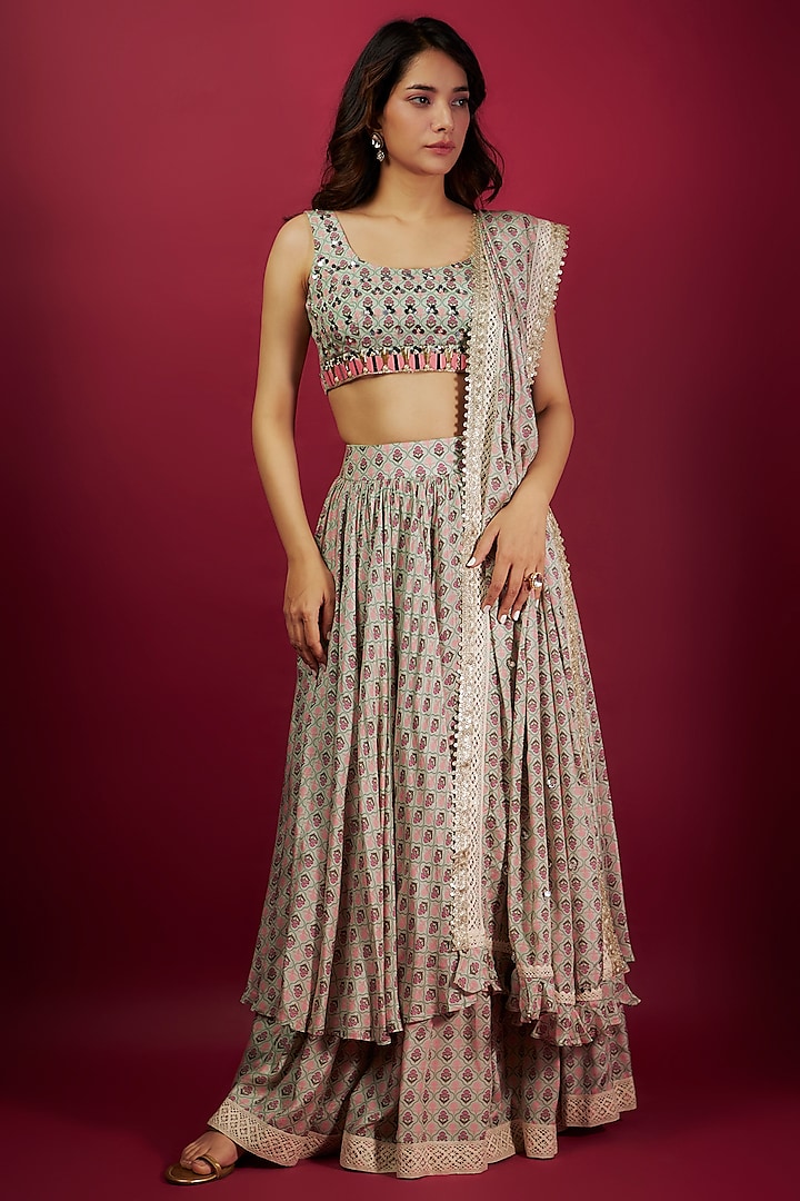 Light Green Pure Muslin Embroidered Layered Wedding Lehenga Set by Yogita Kadam at Pernia's Pop Up Shop