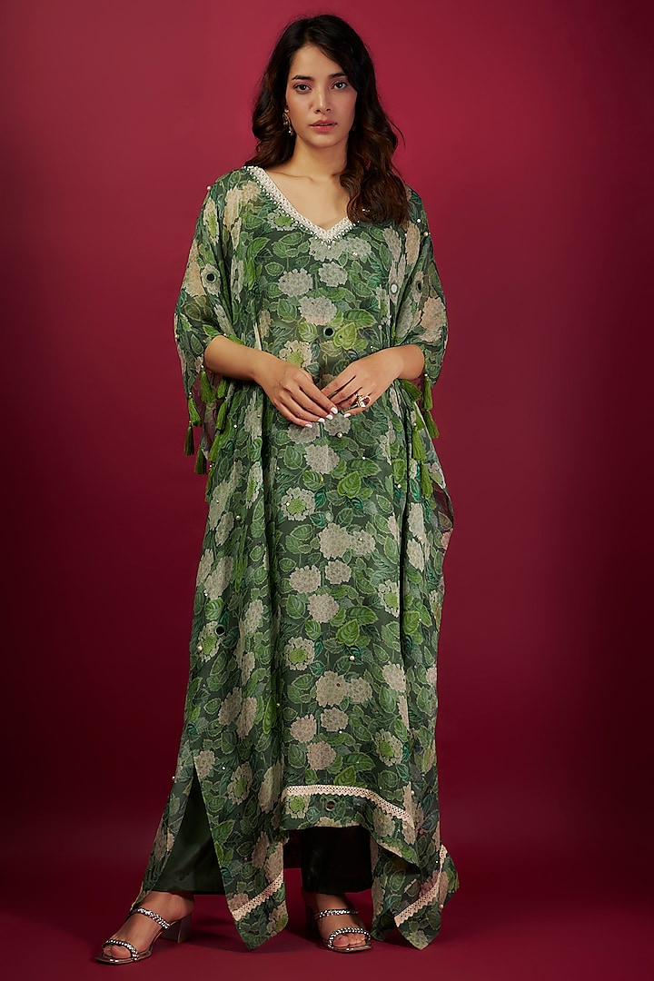 Green Organza & Pure Muslin Embroidered Kaftan Set by Yogita Kadam at Pernia's Pop Up Shop