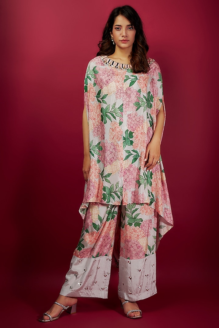 Pink Pure Muslin Floral Printed & Mirror Embroidered Cowl Cape Set by Yogita Kadam