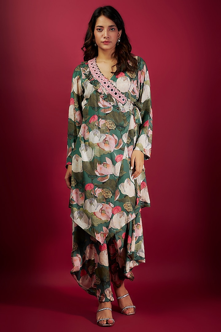 Teal Pure Muslin Mirror Embroidered & Floral Printed Tunic Set by Yogita Kadam